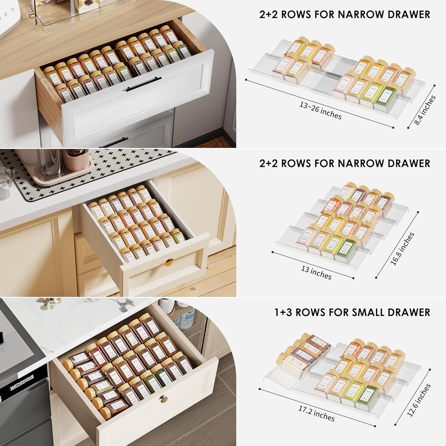 Jadehom Spice Drawer Organizer, 4 Tier Clear Acrylic Expandable From 13" to 26" Seasoning Jars Drawer Insert, Kitchen Drawer Spice Rack Tray for Cabinet/Countertop