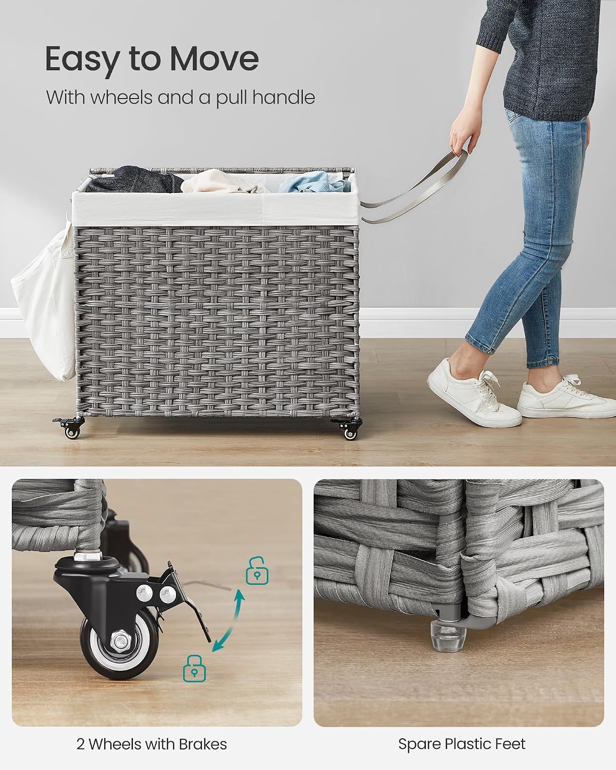 SONGMICS Laundry Hamper with Lid, 42.3 Gallons (160 L), Rolling Laundry Basket with Wheels, 3-Section Synthetic Rattan, Removable Liner, Bedroom, 29.9 x 13 x 26 Inches, Natural ULCB365N01