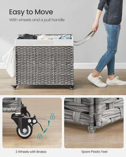 SONGMICS Laundry Hamper with Lid, 42.3 Gallons (160 L), Rolling Laundry Basket with Wheels, 3-Section Synthetic Rattan, Removable Liner, Bedroom, 29.9 x 13 x 26 Inches, Natural ULCB365N01