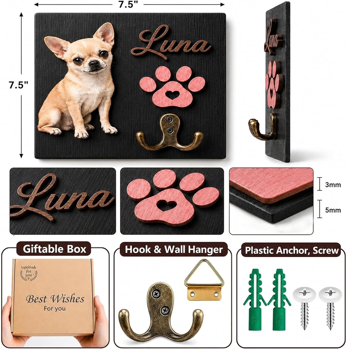 Dog Leash Holder Wall Mount, Pet Harness Hanger with Scrabble Letters, Dog Collar Organizer for Entryway, Memorial Cat Leash Holder for Wall, Pet Loss Gifts, Keepsake, Home Decor PF212-NAT
