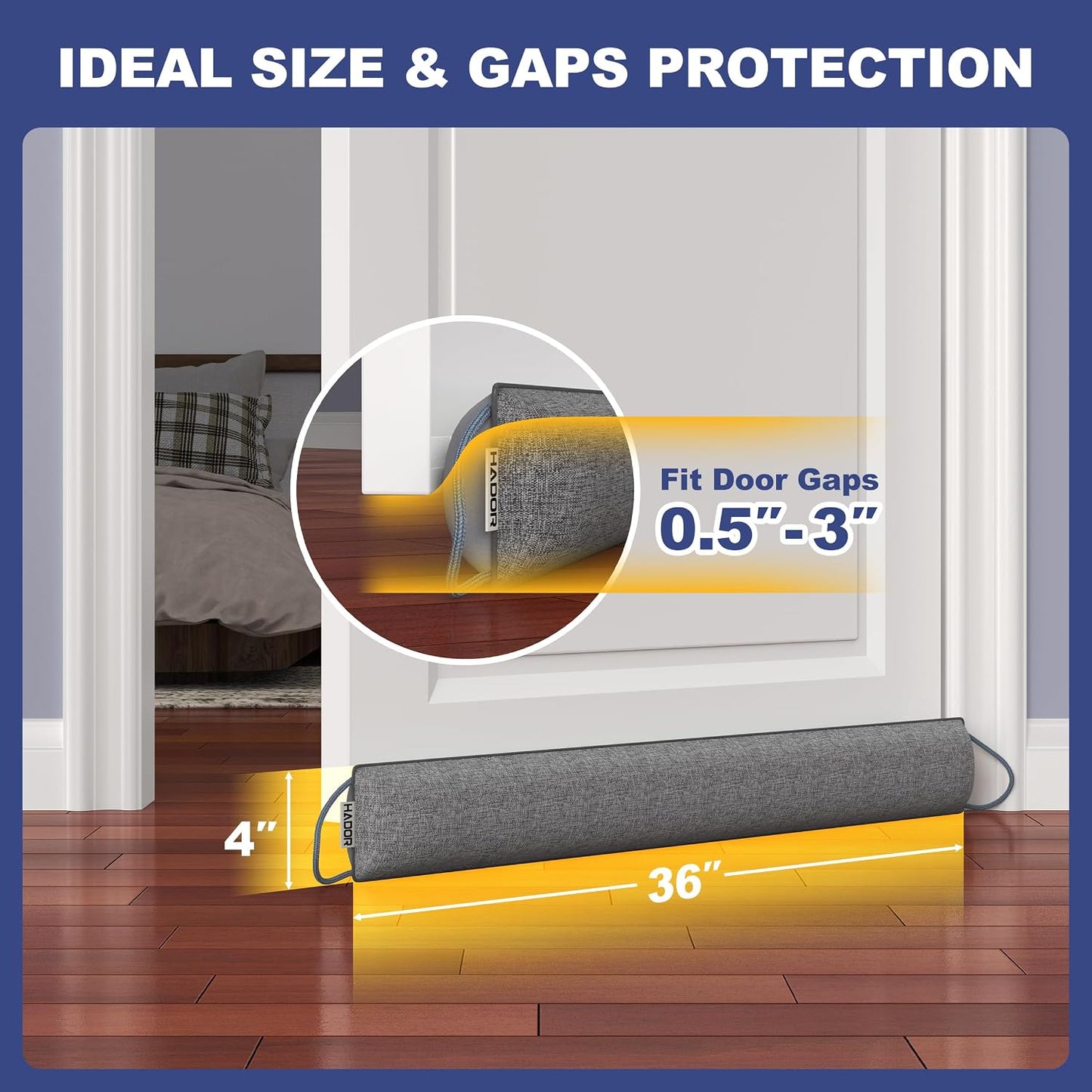 HADOR 30 Inch Weighted Door Draft Stopper - Under Door Snake Pillow, Blocks Cold Air/Wind/Noise, Heavy Duty Soundproof Bottom Filler (Covers Gaps Up to 3"), Winter Patio Sliding Window Seal, Grey | Weighted Under Door Gap Filler, Blocks Drafts, Cold Air,