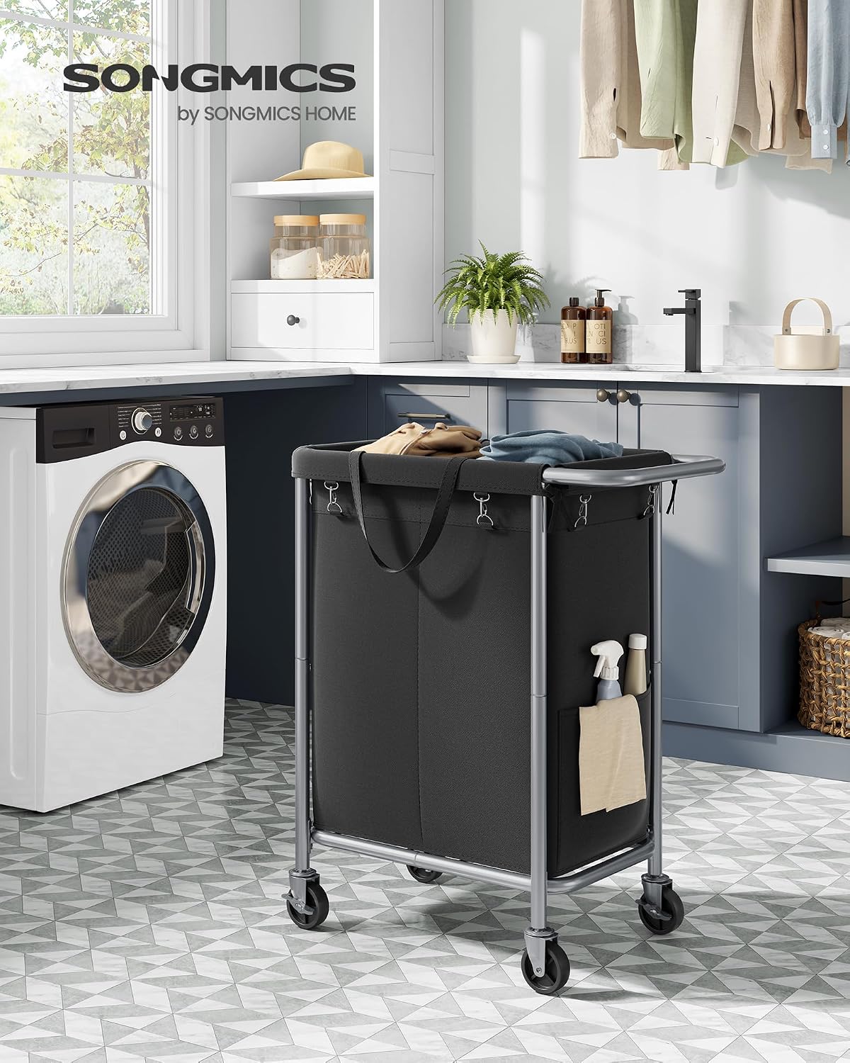 SONGMICS Laundry Basket with Wheels, 4-Section Rolling Laundry Hamper, 68.6 Gallons (260 L), Removable Liner, Steel Frame with Handle, 43.3 x 15.4 x 31.9 Inches, Cream White URLS014W01