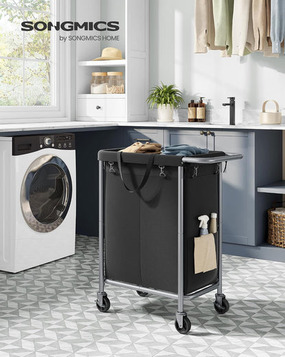 SONGMICS Laundry Basket with Wheels, 4-Section Rolling Laundry Hamper, 68.6 Gallons (260 L), Removable Liner, Steel Frame with Handle, 43.3 x 15.4 x 31.9 Inches, Cream White URLS014W01