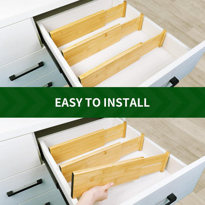 VaeFae 6-Pack Adjustable Bamboo Drawer Dividers, Expandable Drawer Organizer for Kitchen Utensils, Clothes, Bathroom, Office – Fits Drawer Interiors 16.6" to 21.8"