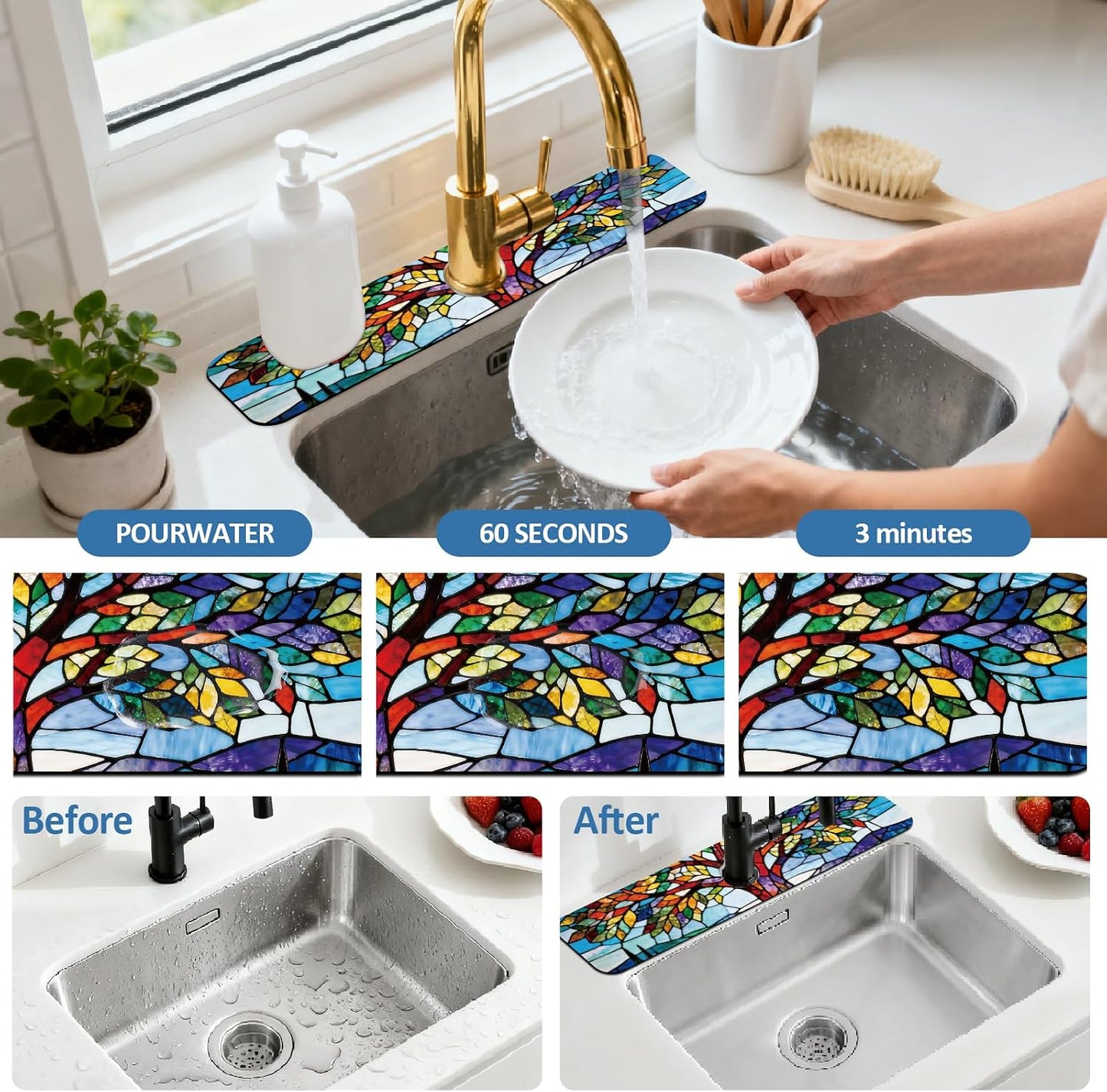 2Pcs Peonies Kitchen Sink Splash Guard Faucet Mat Vintage Florals Faucet Mat For Bathroom Kitchen 5.5x23.6In