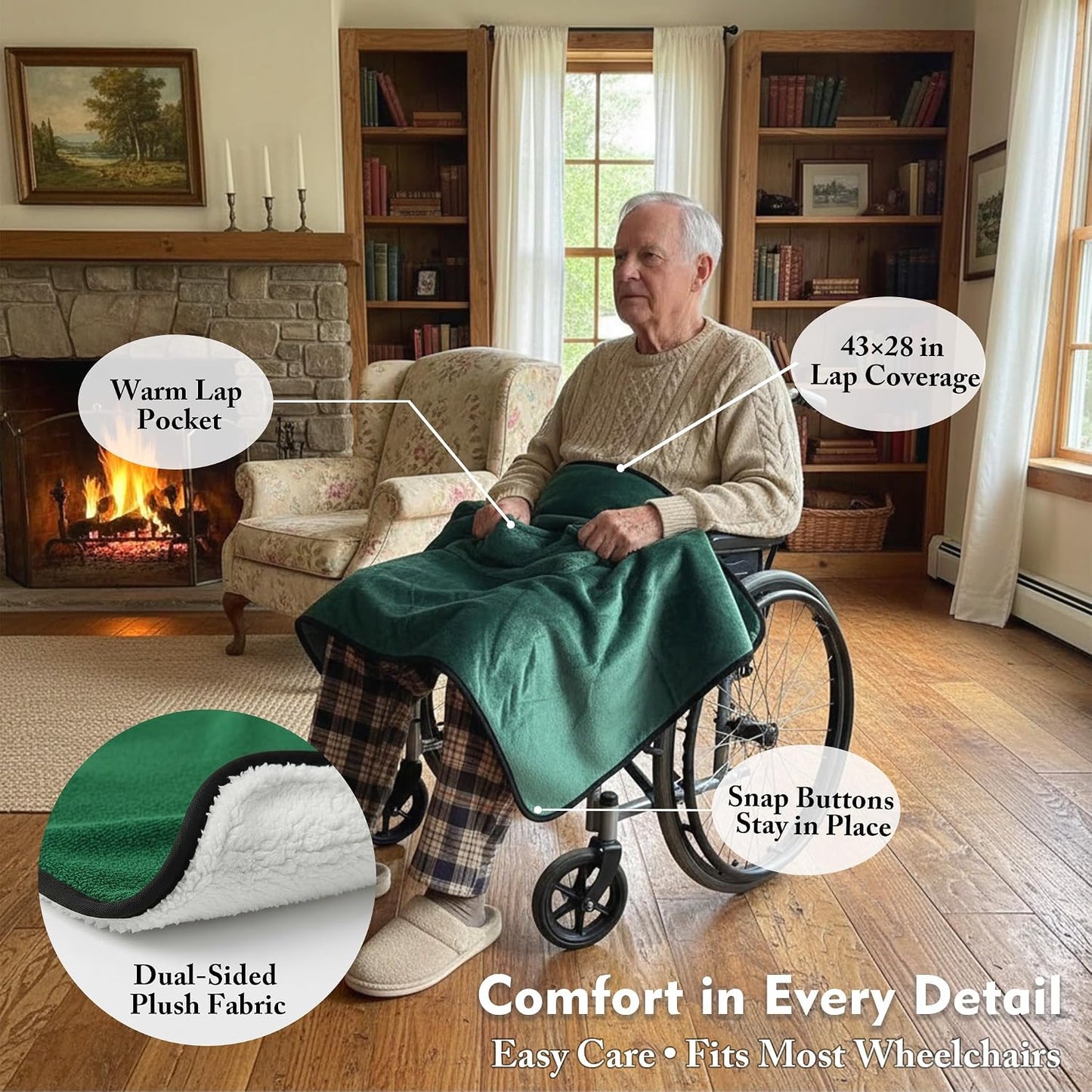 Wheelchair Lap Blanket for Seniors, 43" * 28" Soft Sherpa Lined Knee & Lap Cover, Warm Lightweight Throw with Snap Buttons, Cozy Comfort for Elderly & Caregivers, Wine Red