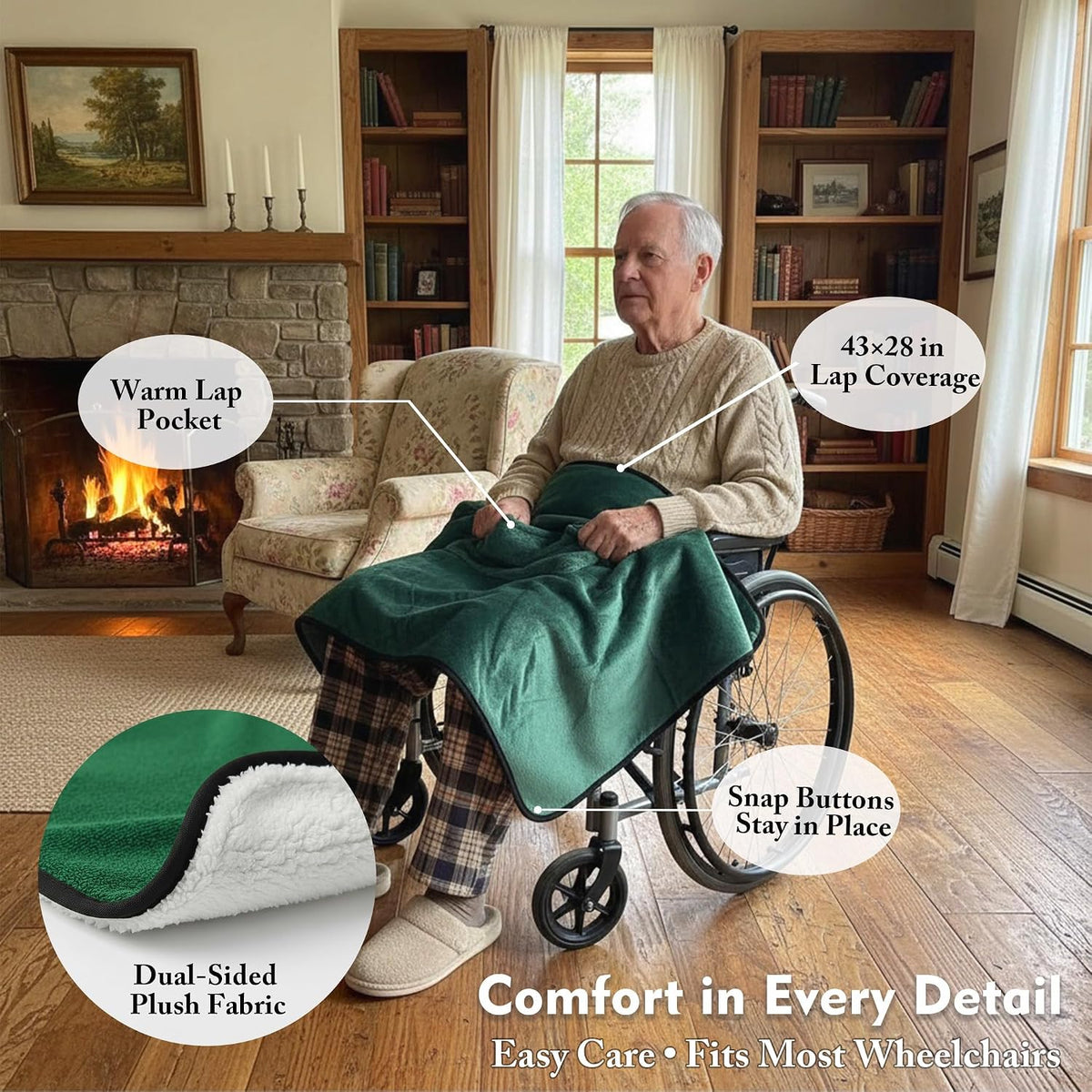 Wheelchair Lap Blanket for Seniors, 43" * 28" Soft Sherpa Lined Knee & Lap Cover, Warm Lightweight Throw with Snap Buttons, Cozy Comfort for Elderly & Caregivers, Wine Red