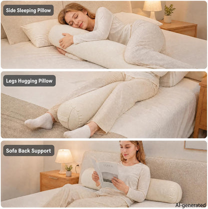 SAMTY Bolster Pillow for Adults, Long Round Body Pillow for Bed, 76x7.87 | Beige, Velvet Lumbar Pillow, Soft Cylindrical Body Pillow, Hidden Zipper And Carry Handle for Sleeping, Reading Relaxing
