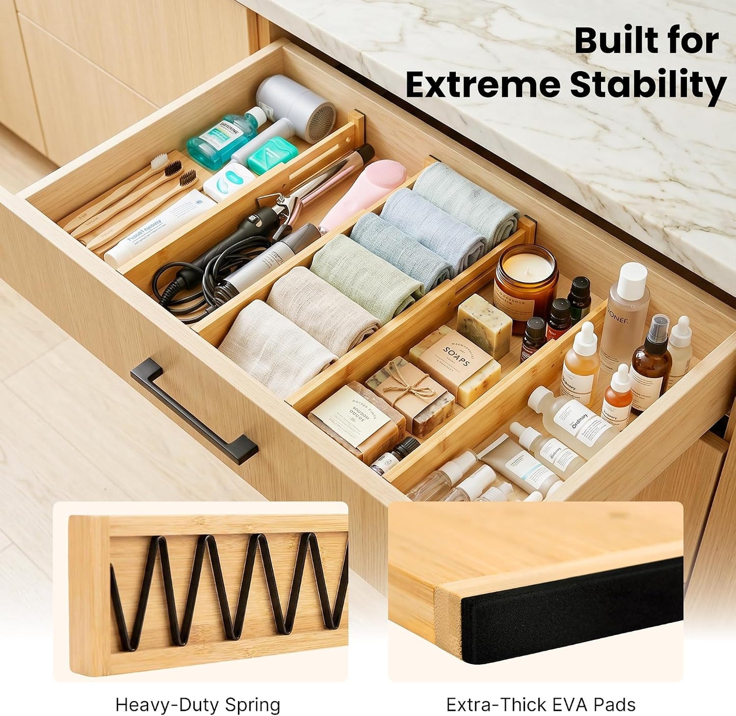 4 Pack 6" Deep Bamboo Drawer Dividers, 17-22" Expandable Kitchen Organizers | Adjustable Spring-Loaded Tension Separators with Foam Pad for Clothes, Utensils, Kitchen, Dresser, Nursery & Bathroom