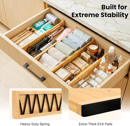 4 Pack 6" Deep Bamboo Drawer Dividers, 17-22" Expandable Kitchen Organizers | Adjustable Spring-Loaded Tension Separators with Foam Pad for Clothes, Utensils, Kitchen, Dresser, Nursery & Bathroom