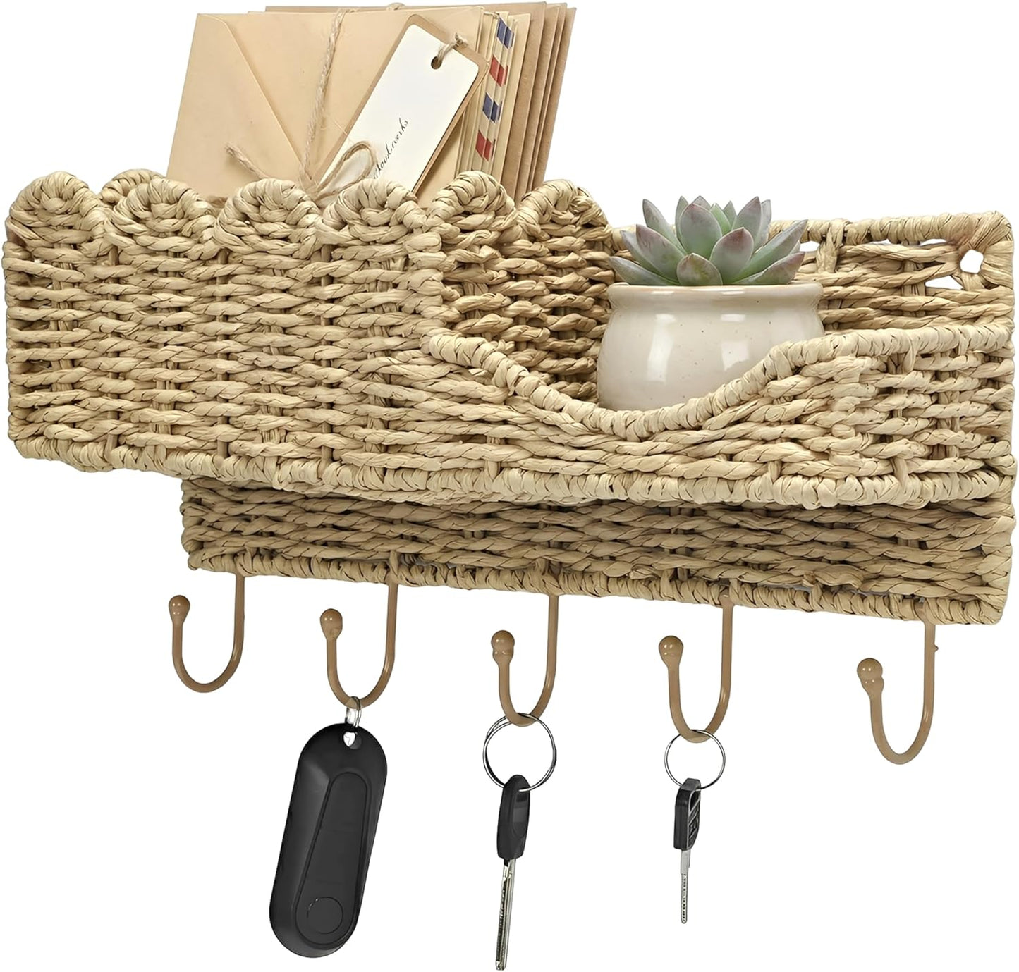 Hook-Woven Wicker Key Holder and Mail Organizer | Natural Paper Rattan Scalloped Wave Design Decorative Wall Mount for Entryway, Living Room, Hallway