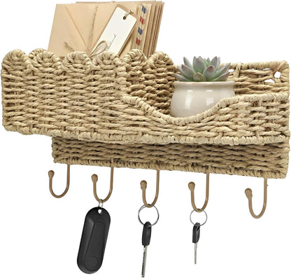 Hook-Woven Wicker Key Holder and Mail Organizer | Natural Paper Rattan Scalloped Wave Design Decorative Wall Mount for Entryway, Living Room, Hallway