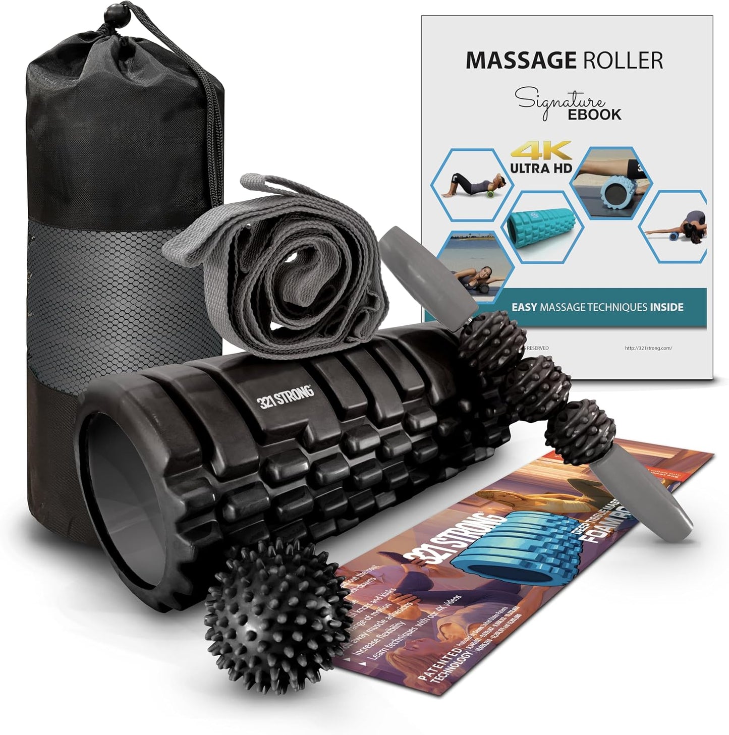 5-in-1 Massage Set, Complete Mobility Kit for Workout Recovery | Deep Tissue Roller for Legs, Spikey Foot Ball, Hamstring Stretch Strap, Quad Roller Stick, Carry Bag