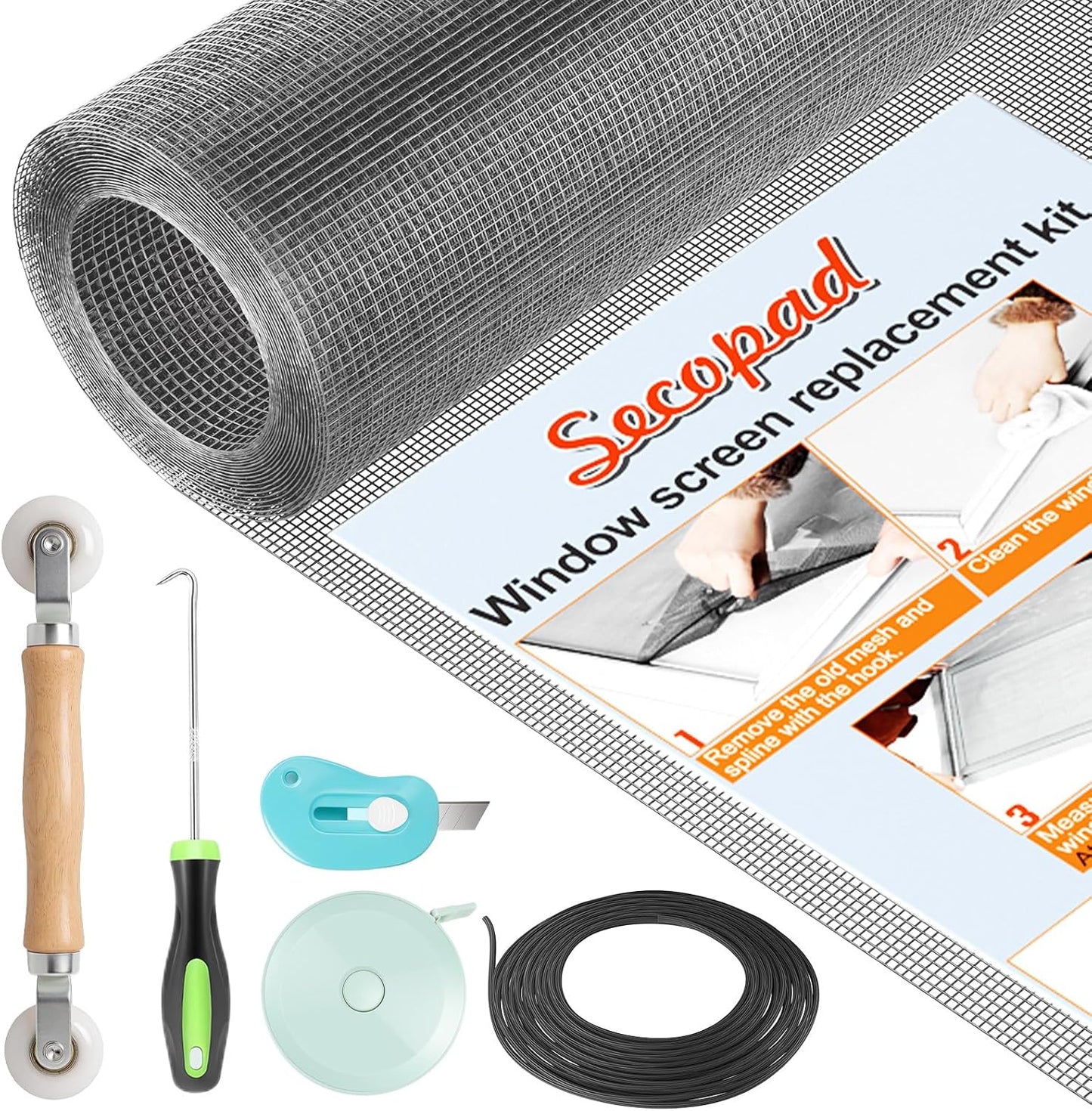 Secopad Window Screen & Screen Door Mesh Repair Kit, 39 in x 78 in, Black | Fiberglass Roll with Tools, Tearproof & Washable, High-Transmittance, For Windows, Patio & Porch Replacement