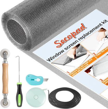 Secopad Window Screen & Screen Door Mesh Repair Kit, 39 in x 78 in, Black | Fiberglass Roll with Tools, Tearproof & Washable, High-Transmittance, For Windows, Patio & Porch Replacement