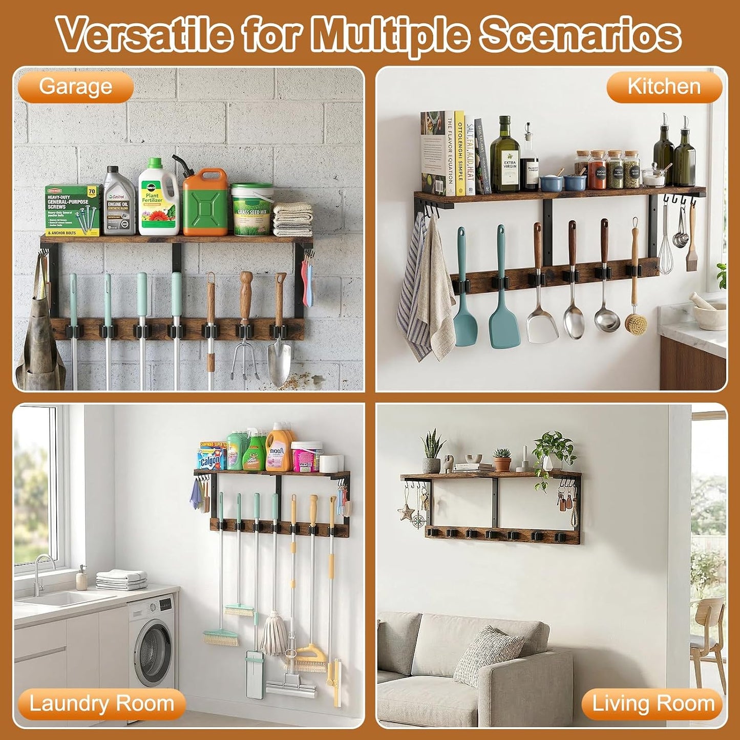 Housolution Wall Mount Broom Holder Hanger Laundry Room Storage Shelves | Thickened Metal Frame, 100 LBS High Load-Bearing, Large Capacity, Multifunctional with 7 Grippers & 8 Hooks
