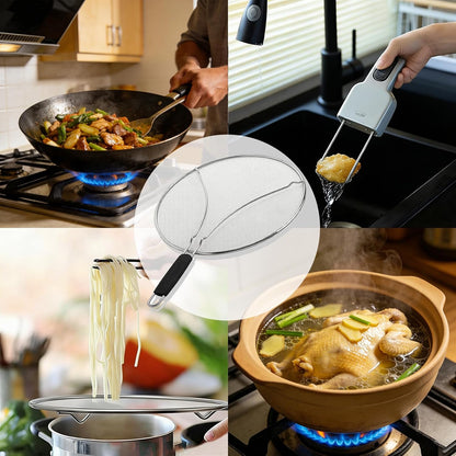 Stainless Steel Splash Guard, Frying Pan Splash Guard, Fine Mesh Cover, Prevents oil Splattering, Comfortable Handle to Prevent Burns, Suitable for Frying Pans and Cooking Utensils (15in)