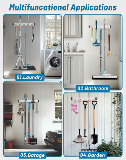 Mop and Broom Holder Wall Mount Garden Tool Rack Organizer | Modern Style, Movable Aluminum Alloy Wall Mounted Hook, Storage Gift for Bathroom, Closet, Laundry Room, Garage, Tool Room