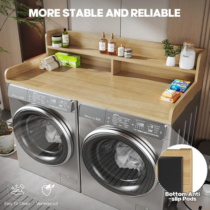 2-Tier Washer and Dryer Countertop with 2.75" H Guard,54" W x 27.5" D Laundry Countertop Cover with Non-Slip Pad,Large Space Laundry Topper for Folding Clothes Over Washer and Dryer-White
