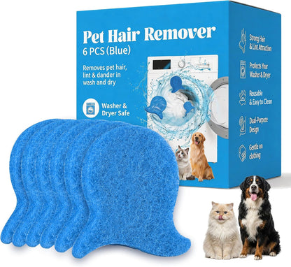 6 Pack Pet Hair Remover for Laundry, Reusable Washer & Dryer Lint Catcher for Dog & Cat Hair, Helps Reduce Fur on Clothes, Blankets, Bedding, Couch & Car Seats (Blue)