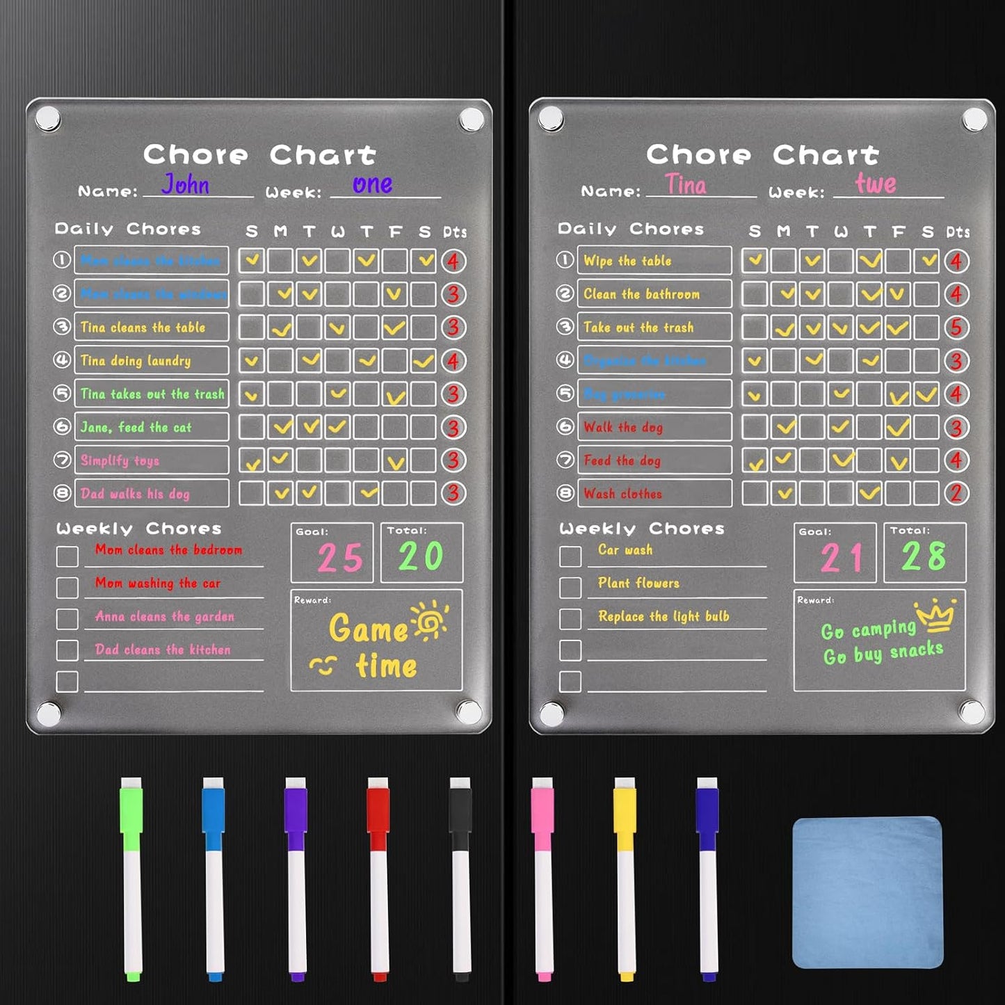 2 Pack Acrylic Magnetic Chore Chart Set for Refrigerator,Erasable Chore Chart for Teens and Adults,11,8"×8.3" Frosted Weekly Dry Erase Board w/ 8 Markers & 1 Cleaning Cloth
