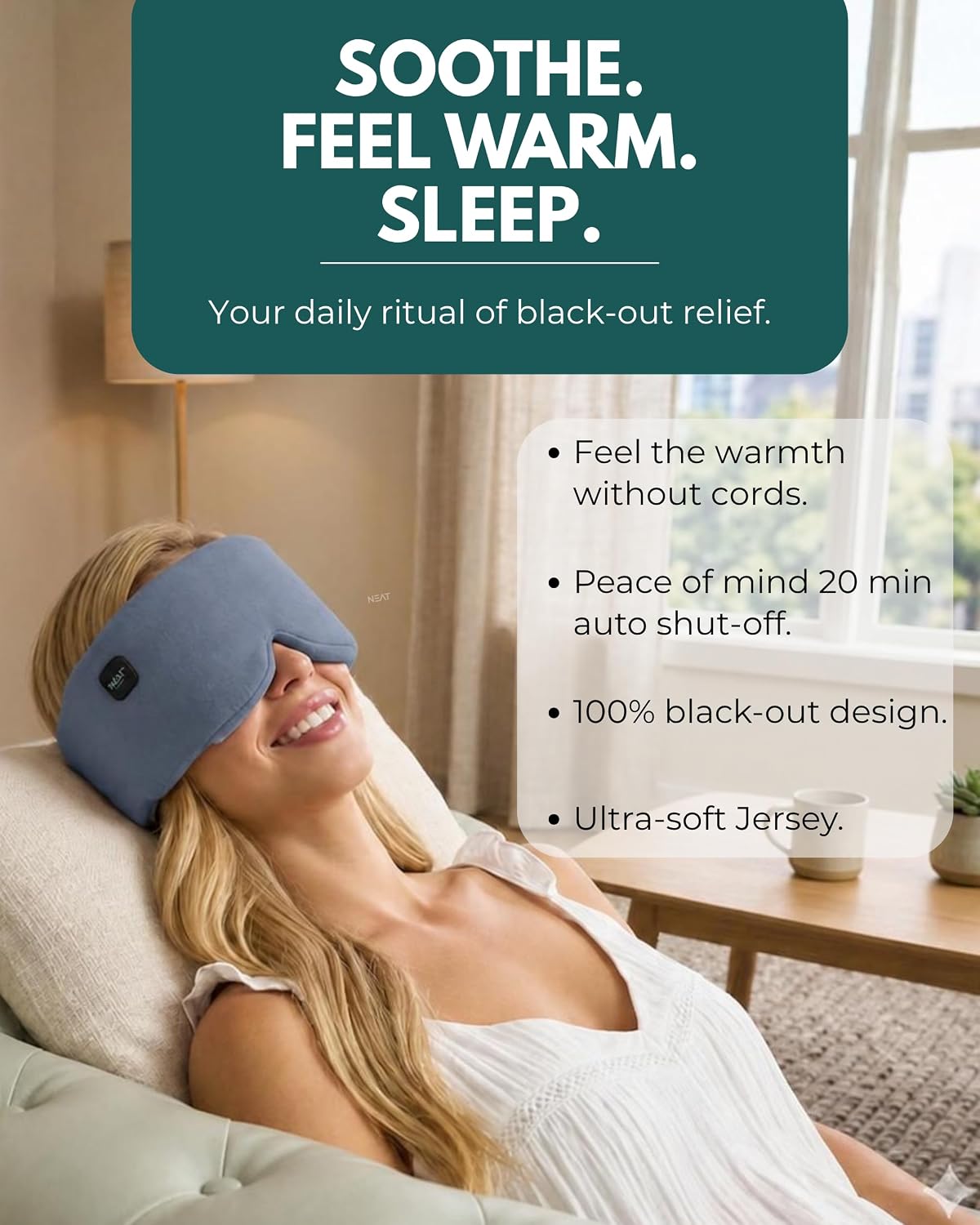 Heated Eye Mask – Cordless Electric Warm Eye Compress for Dry Eyes, Stye & Eye Strain Relief – 4 Heat Settings, Rechargeable, Light-Blocking, Blackout, Washable Cover (Ocean Stone)