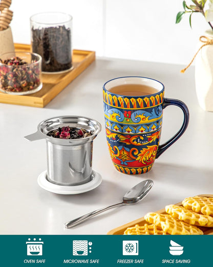 vancasso 18 Oz Tea Infuser Mug with Lid, Mint Petal Whirl | Eye catching Bohemian pattern, adds charm to any tea corner, ceramic mug with infuser, microwave and dishwasher safe