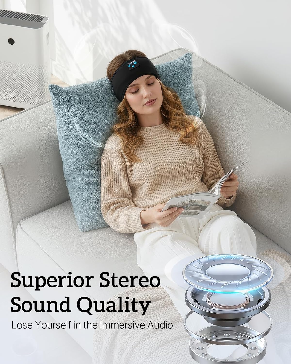Perytong Sleep Headphones Bluetooth 5.4 Headband, Wireless Sleep Headband Headphones for Side Sleepers, Ultra-Thin Stereo Speakers & Extended Battery Life, Sports Headband Earphones for Sleeping