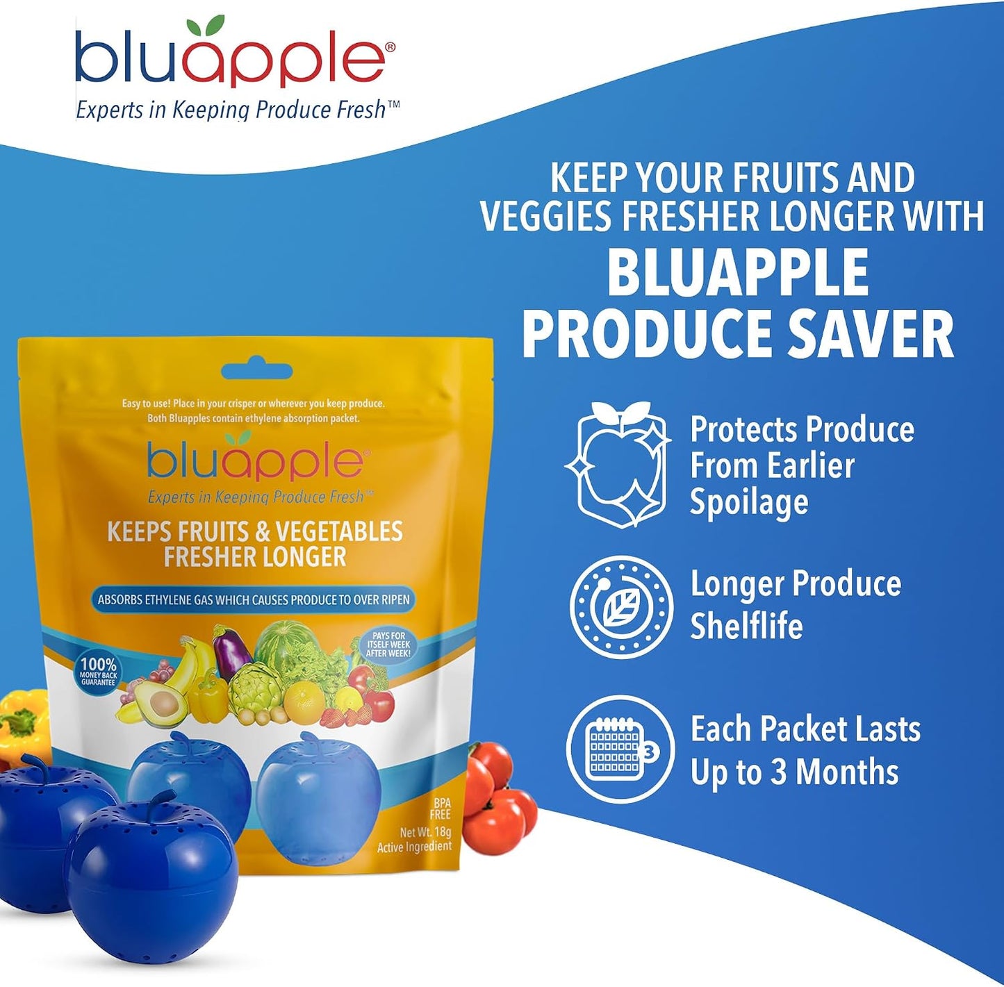 Bluapple Produce Saver Ethylene Gas Absorber - Fresh Fruit & Vegetable Storage for Refrigerator Crisper, Shelves & Fruit Bowls, Produce Keeper, Fruit Saver, Kitchen Must Haves, BPA-Free - 2-Pack