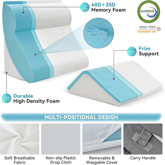 Kingfun Orthopedic Bed Wedge Pillow Set for Sleeping, Post Surgery Memory Foam Support Pillows for Back, Neck and Leg Pain Relief, Adjustable Triangle Pillow - Acid Reflux, Anti Snoring & GERD