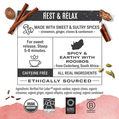Numi Organic Rooibos Chai Tea, 18 Herbal Bags, Microplastic Free, Rich Flavor with Cinnamon, Allspice & Ginger, Caffeine Free