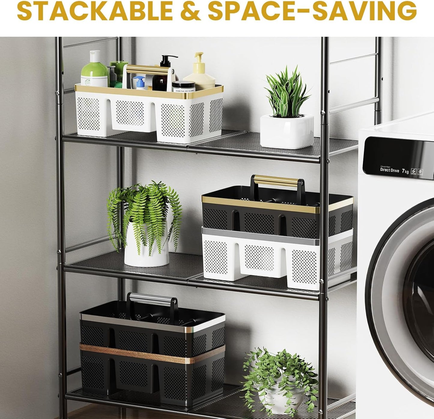 BYUNER Portable Cleaning & Shower Caddy with Handle: Rigid Plastic Basket with 4 Divided Compartments, All-Side Drainage for College Dorm, Bathroom & Utility Use, Black/Gold