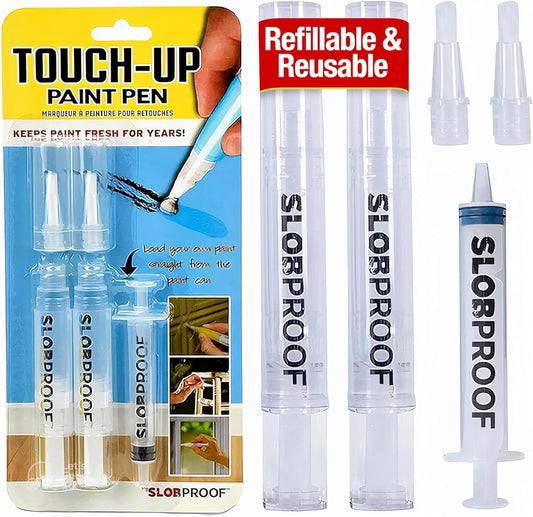 Slobproof Refillable Touch-Up Paint Pen, Pack of 2 - Precision Brush Tip | Mess-Free Touch-Up Tool for Quickly Retouch Small Areas with Controlled Syringe Flow for Custom Color Filling