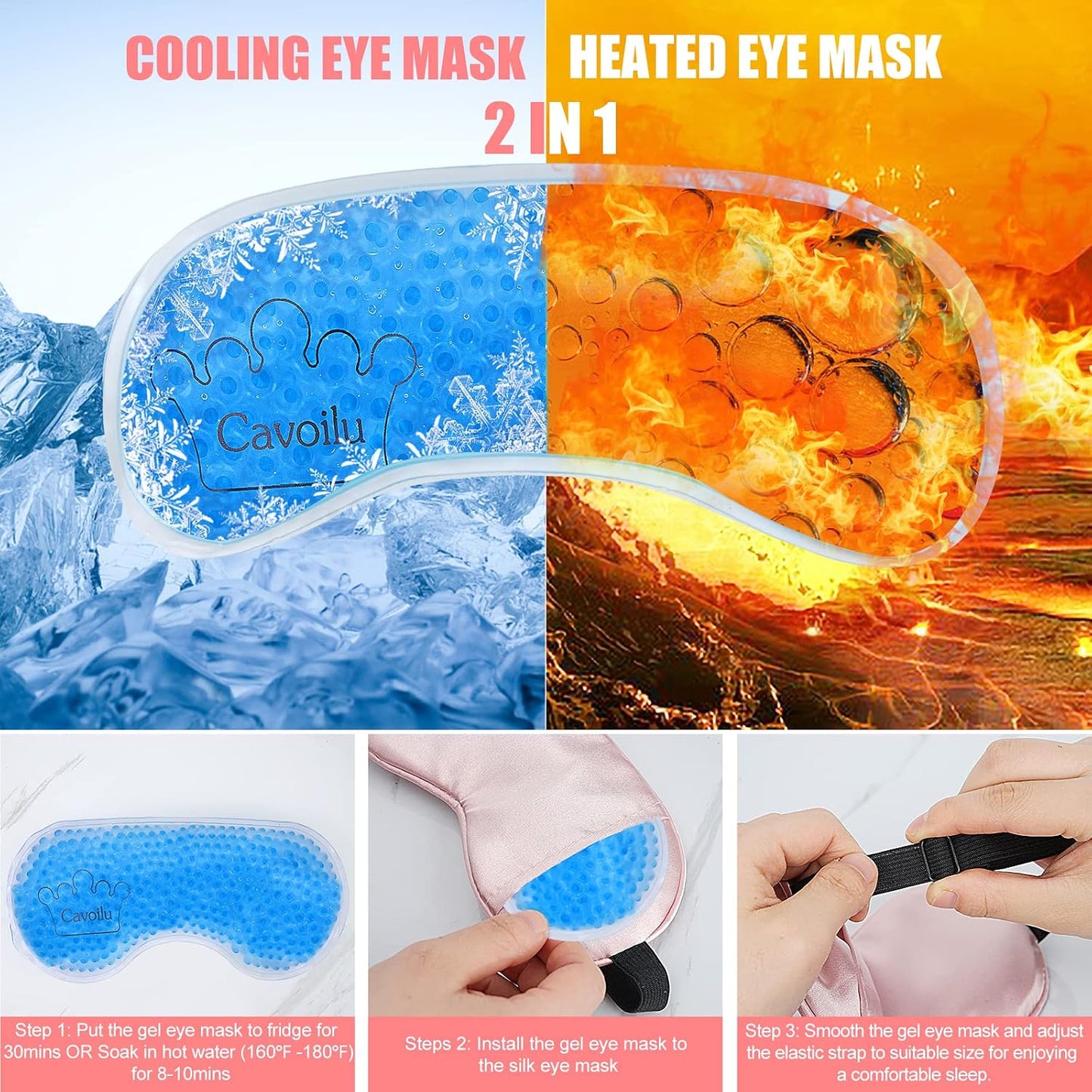 Silk Sleep Mask with Cooling Gel Eye Mask, Warm and Cold Compress, Heated Eye Mask for Tired Eyes, Stain Eye Cover Sleeping Mask for Travel, Home, Office, Yoga, Total Blackout (Black)