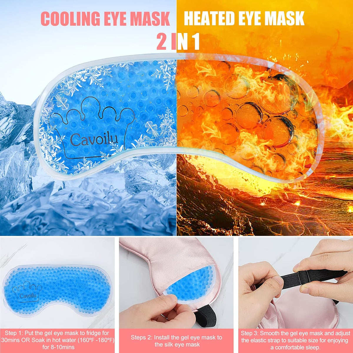 Silk Sleep Mask with Cooling Gel Eye Mask, Warm and Cold Compress, Heated Eye Mask for Tired Eyes, Stain Eye Cover Sleeping Mask for Travel, Home, Office, Yoga, Total Blackout (Black)
