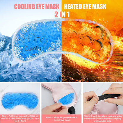 Silk Sleep Mask with Cooling Gel Eye Mask, Warm and Cold Compress, Heated Eye Mask for Tired Eyes, Stain Eye Cover Sleeping Mask for Travel, Home, Office, Yoga, Total Blackout (Black)