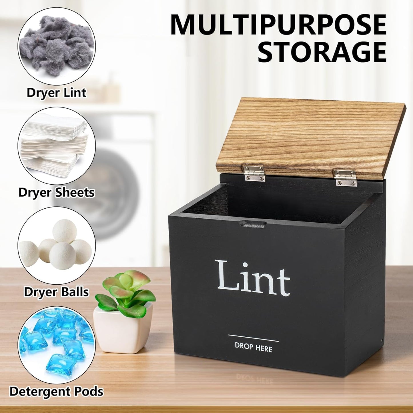 Magnetic Lint Bin for Laundry Room, Compact Size | Wooden Dryer Lint Bin with Lid - Rustic Lint Box, Magnetic Bin - Modern Farmhouse Laundry Room Decor, Black with Torched Lid