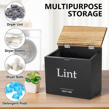 Magnetic Lint Bin for Laundry Room, Compact Size | Wooden Dryer Lint Bin with Lid - Rustic Lint Box, Magnetic Bin - Modern Farmhouse Laundry Room Decor, Black with Torched Lid