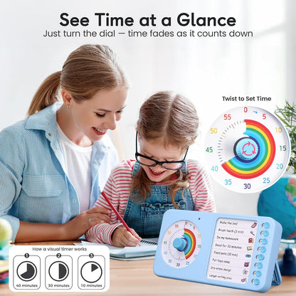 2-in-1 Visual Timer ADHD with Task Board, to-Do List, Checklist | Dry Erase Chore Chart and Visual Schedule for Kids ADHD, Rainbow Countdown Timer for Classroom, Home, Homeschool (White)