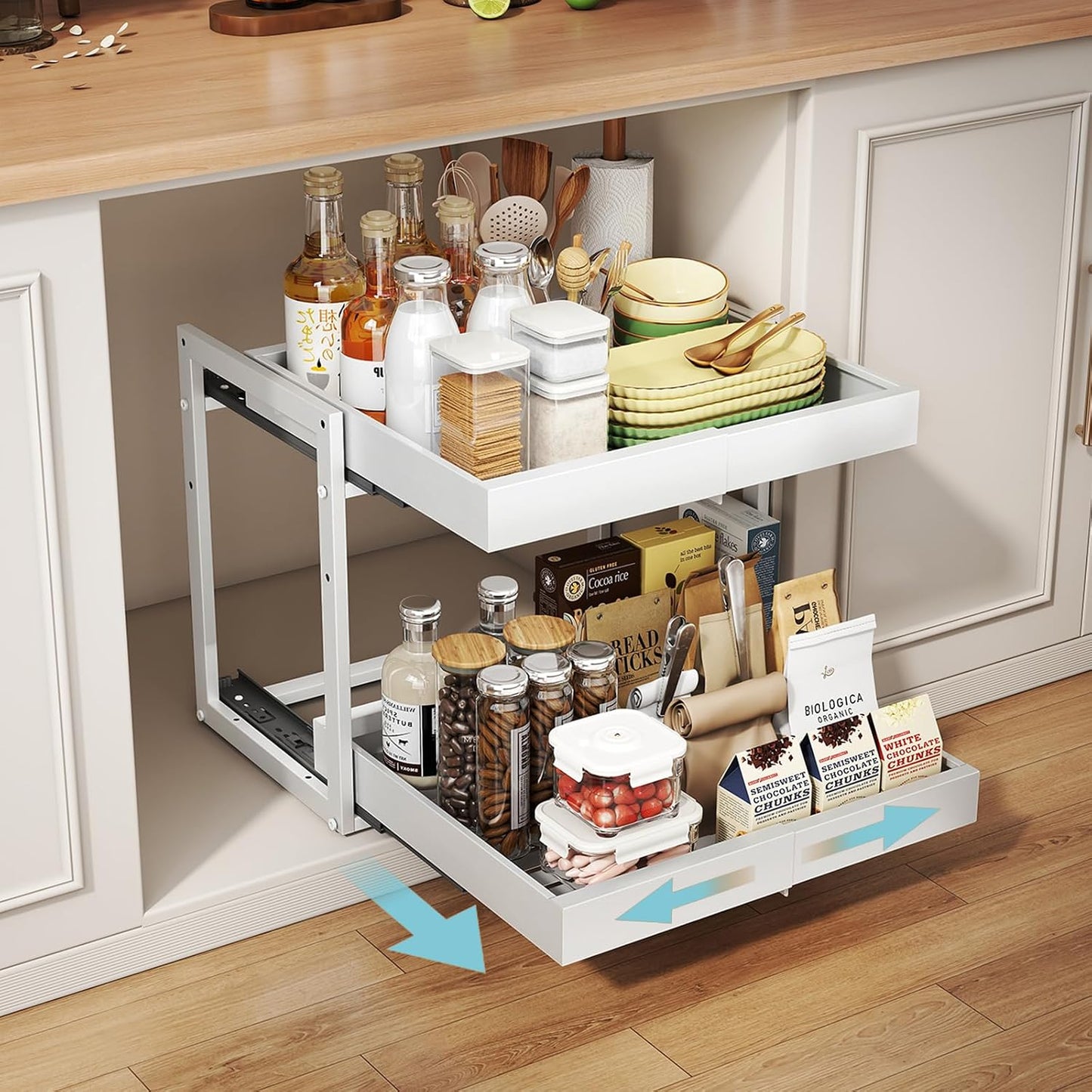 Golener 2-Tier Expandable Pull Out Cabinet Organizer, Cabinet Drawers, 16"D | Cabinet Pull Out shelves, Adjustable Pantry Drawers, Slide Out Drawers for Kitchen Cabinets, Under Sink Organizer, Black
