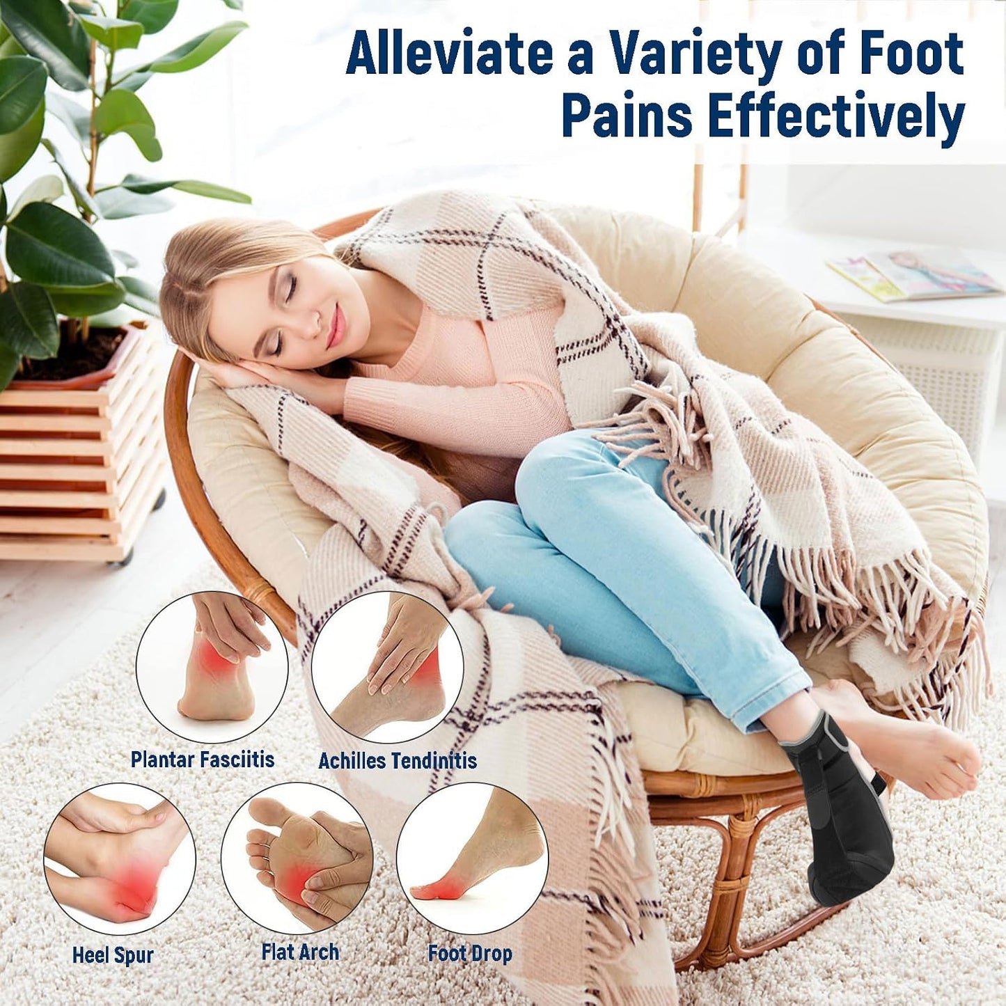 Adjustable Night Splint for Foot Drop & Plantar Fasciitis Relief, Soft Breathable Ankle Brace Support with Massage Ball for Achilles Tendonitis, Heel Spur, Flat Arch