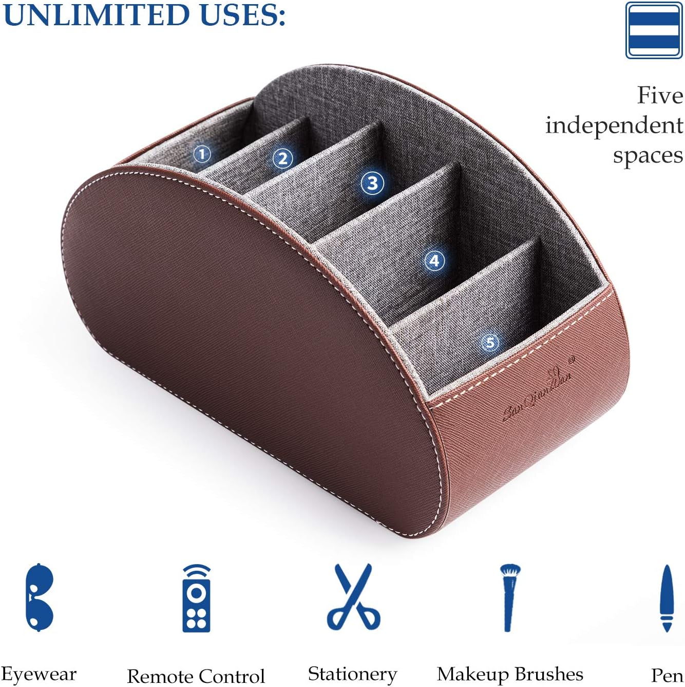 Remote Control Holders Organizer Box with 5 Compartment PU Leather Caddy | Multi-functional Office Desk Storage Caddy Store Tv Remote for Media Player,Brush,Pencil,Glassees&Office Supplies