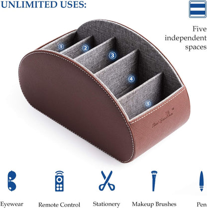Remote Control Holders Organizer Box with 5 Compartment PU Leather Caddy | Multi-functional Office Desk Storage Caddy Store Tv Remote for Media Player,Brush,Pencil,Glassees&Office Supplies