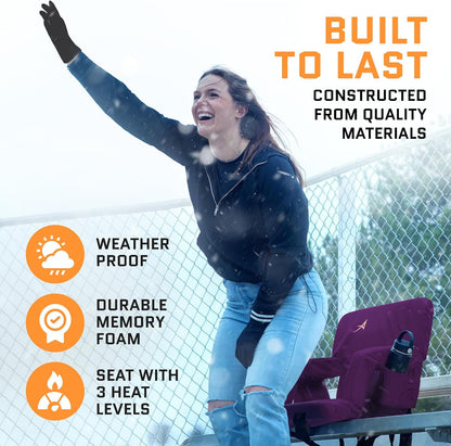 Heated Stadium Seats for Bleachers with Back Support – USB Battery Included - Upgraded 3 Levels of Heat - Foldable Chair - Cushioned, 4 Pockets for Snacks, Cup Holder - for Camping, Games & Sports