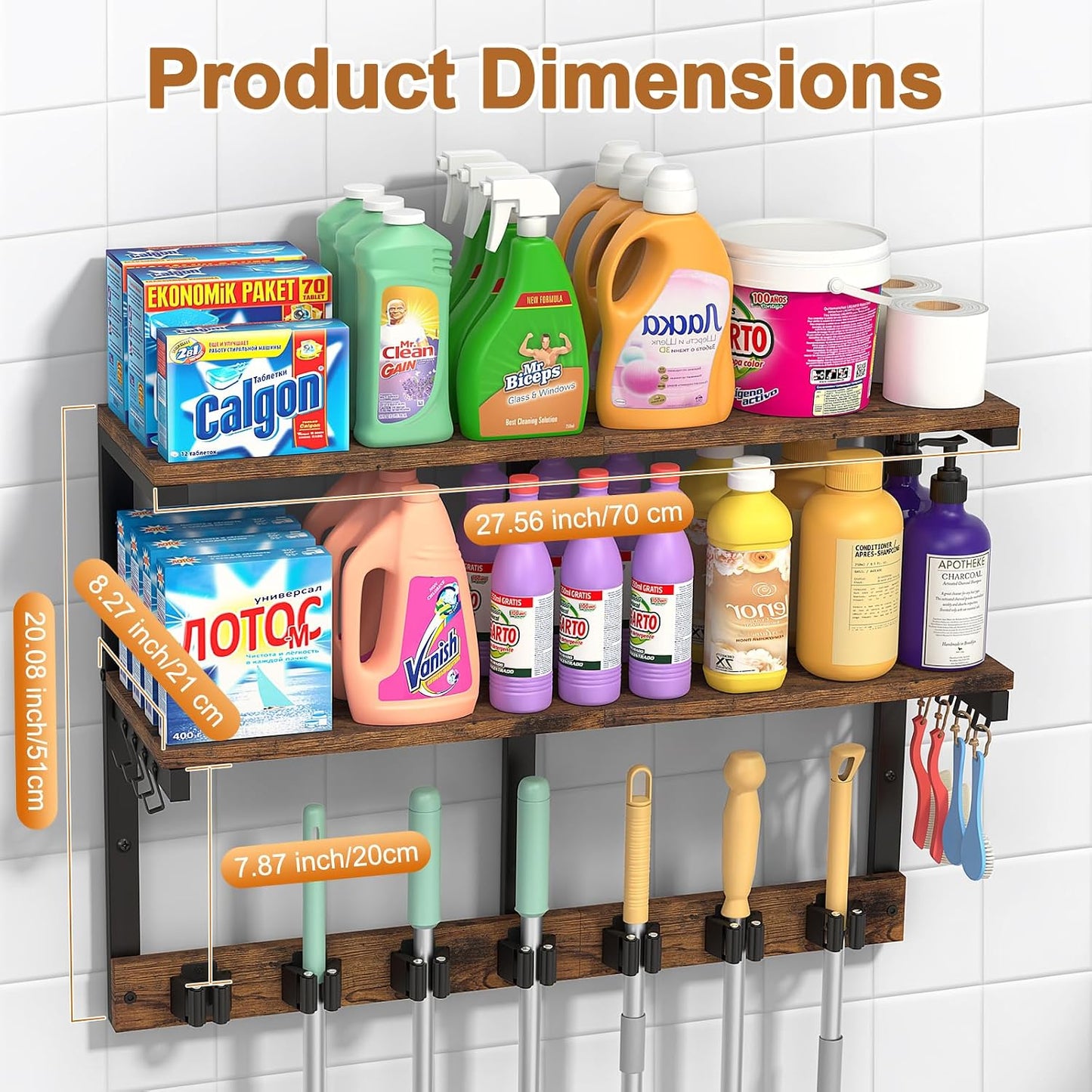 Housolution Wall Mount Broom Holder Hanger Laundry Room Storage Shelves | Thickened Metal Frame, 100 LBS High Load-Bearing, Large Capacity, Multifunctional with 7 Grippers & 8 Hooks