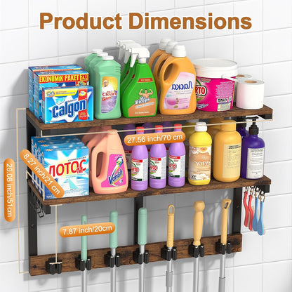 Housolution Wall Mount Broom Holder Hanger Laundry Room Storage Shelves | Thickened Metal Frame, 100 LBS High Load-Bearing, Large Capacity, Multifunctional with 7 Grippers & 8 Hooks