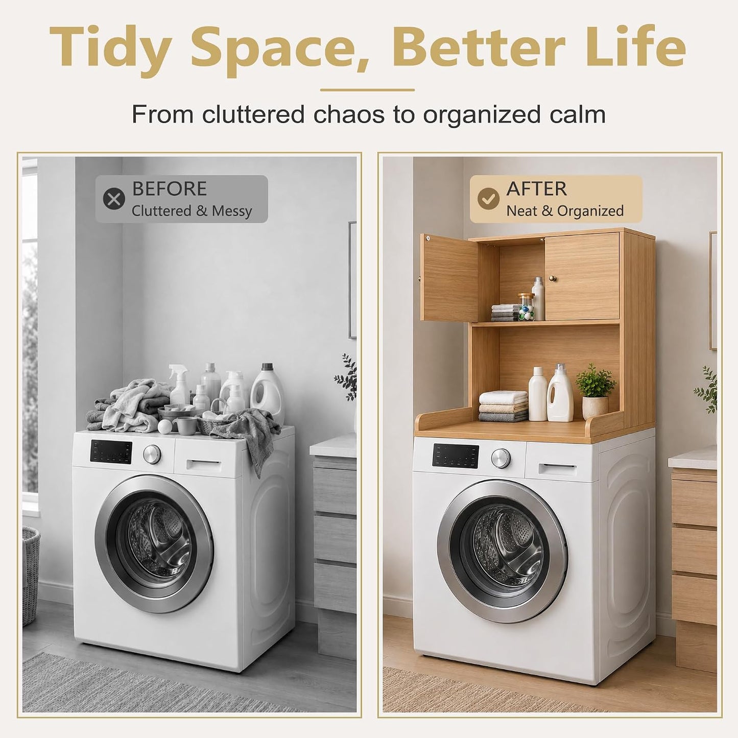 Laundry Storage & Organization (Oak) | Washer and Dryer Topper with Edge, Over Washer and Dryer Shelves for Laundry Room, Universal Fit, 27.5"Wx27.5"Dx29"H
