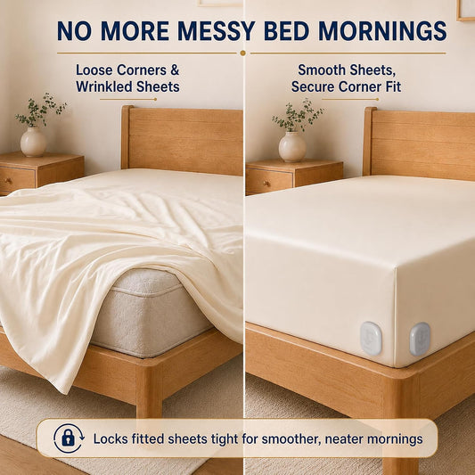 Bed Sheet Holders for Corners, 90° Quick-Lock Fitted Sheet Holder, 4-Pack | Fits 3.8-16 in. mattresses; Adjustable-base friendly; Clear corner access; One-person install; ABS, no metal teeth