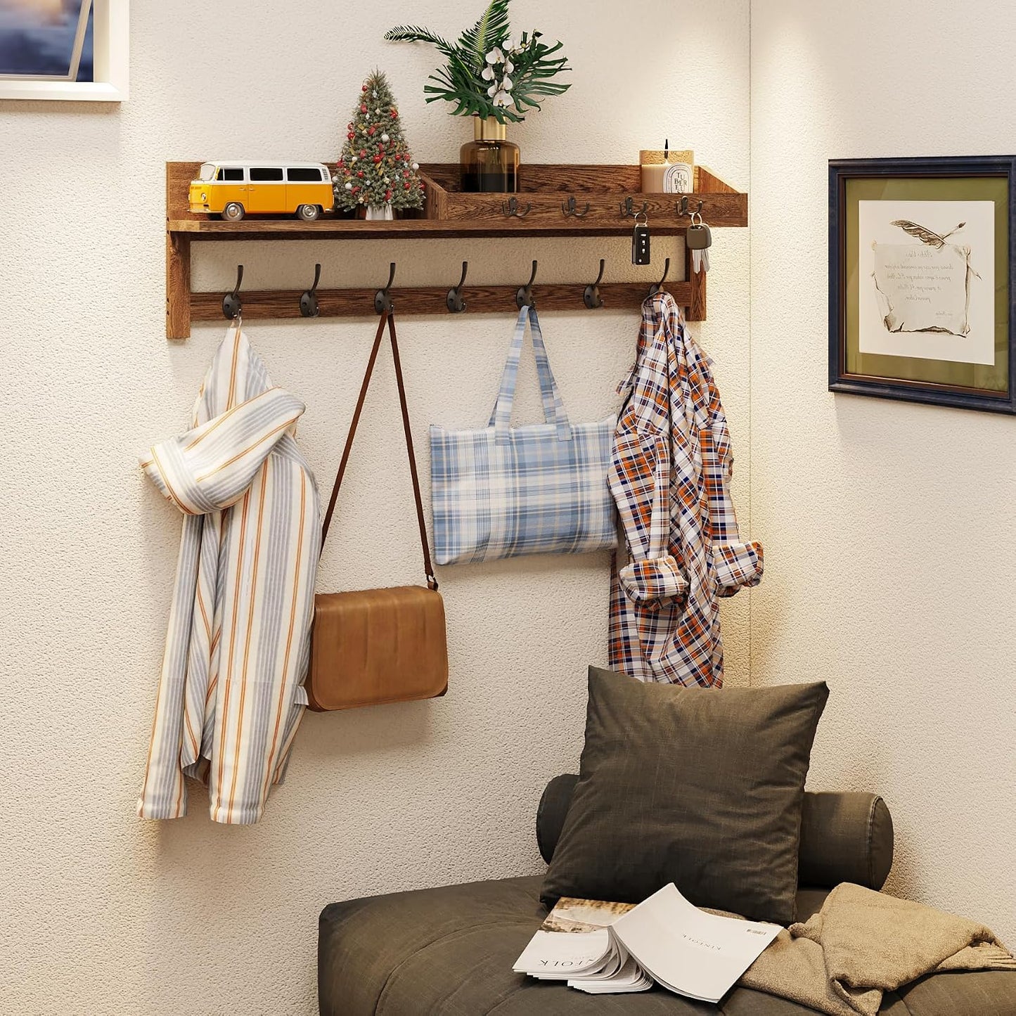 AMBIRD Wall Hooks with Shelf, 26.57 Inch Entryway Wood Coat Hooks for Wall with Shelf, Coat Rack Wall Mount with 5 Dual Hooks 3 Key Hooks Mail Organizer and Key Rack Holder (Brown)