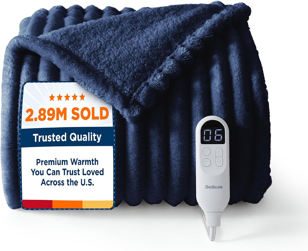 Bedsure Heated Blanket Electric Throw - Thick Striped Fast Heating Electric Blanket with Preheat Function, 6 Heat & 6 Timer (Up to 10H), 8H Auto Off, ETL Certified, Gifts for Women (50"x60", White)